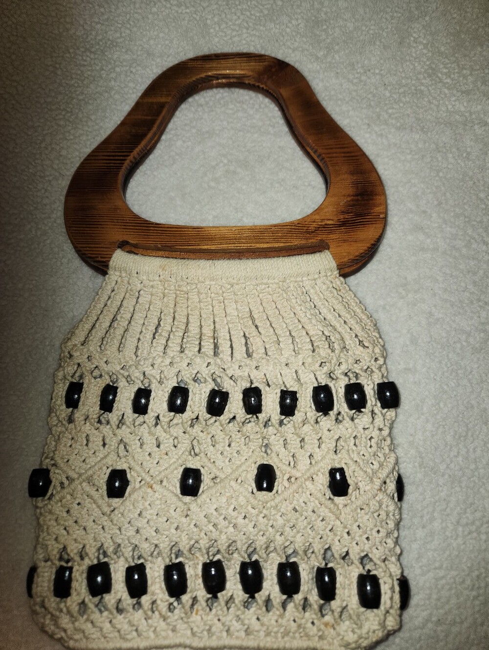 Cream Macramé Handbag with Wooden Handles